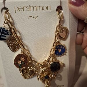 Persimmon Gold Over Brass Natural Stone Charm Necklace Nwot 17"+3"